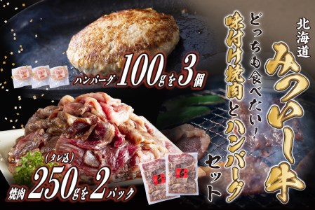 北海道産 味付け 焼肉 & 北海道産 黒毛和牛 みついし牛 と ホエー豚 ハンバーグ 計 800g (250g×2パック タレ込 & 100g×3枚)