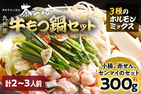 もつ鍋セット 2〜3人前 醤油味 3種のホルモンミックス 九州産 国産 ホルモン ミックス もつ 300g (小腸 180g・赤せん 72g・センマイ 48g) セット 黒毛和牛 スープ ちゃんぽん ごま 鷹の爪 ごま油 冷凍 取り寄せ