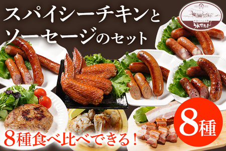 スパイシーチキンとハンバーグ12個手羽先とソーセージ4種のセット(Mセット) ウィンナー チキン ベーコン ハンバーグ 手羽先 燻製 スモーク チーズ カレー ペッパーレモン ポーク あらびき うえすたん セット 詰め合わせ 福岡県 志免町