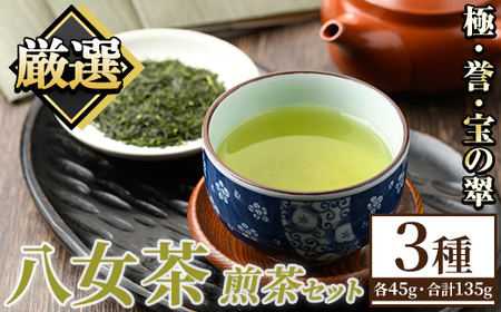 八女茶煎茶セット 極・ 誉・宝の翠 (合計3本・各45g) 八女茶 緑茶 せん茶 お茶 福岡 やめ 常温 常温保存 セット 飲み比べ [くしだ企画]as44-005