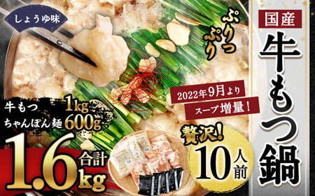 国産 牛もつ鍋 10人前 ちゃんぽん・濃縮スープ付き(醤油味)