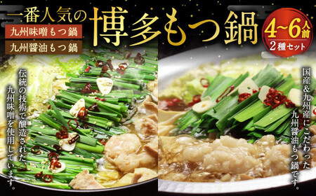 [博多鍋セット1]一番人気の もつ鍋 2種 セット 「九州醤油もつ鍋」と「九州味噌もつ鍋」計4〜6人前 国産 モツ 醤油 味噌 牛 ホルモン