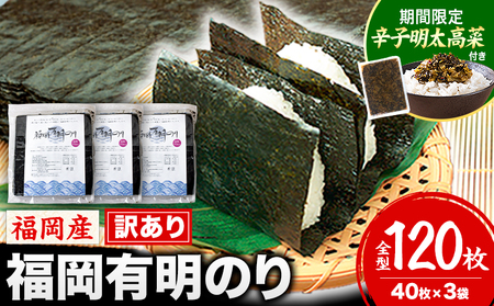 特別規格★有明海苔 訳あり 福岡有明のり 全型120枚 [45日以内に出荷(土日祝除く)]大容量 国産 塩 おにぎり おにぎらず 手巻き 寿司 訳アリ わけあり ワケアリ ご飯のお供 のり 海苔