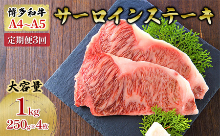 定期便 3ヶ月 牛肉 サーロイン ステーキ 合計1000g 博多和牛 A4〜A5(250g×4枚)セット 3回 配送不可:離島