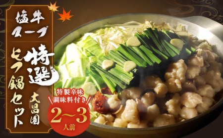 大昌園 「特選」 もつ鍋 セット 塩牛スープ 2〜3人前 特製辛味調味料付き 九州産
