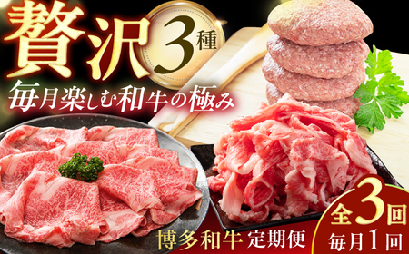 [3回定期便]博多和牛堪能定期便(1回目:切り落とし1kg、2回目:ハンバーグ10個、3回目:しゃぶすき1kg)牛肉 博多和牛 肉 切り落とし ハンバーグ しゃぶすき しゃぶしゃぶ すき焼き 広川町 / 株式会社MEAT PLUS[AFBO103]