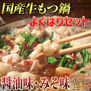 国産牛よくばりもつ鍋セット 醤油味2人前&みそ味2人前(計4人前)〆はマルゴめん 福岡県産の米粉麺 田川町
