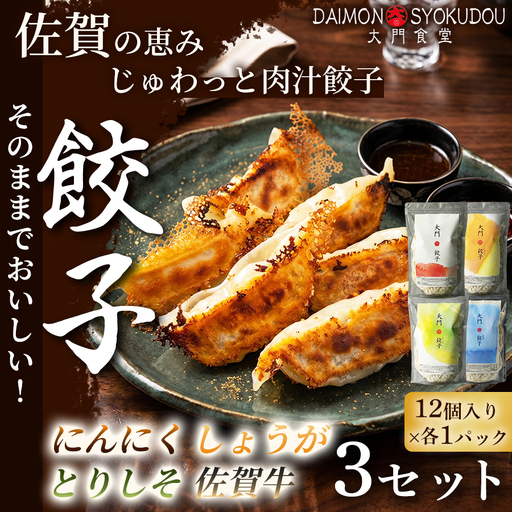 [1個28gで満足度大!](12個入×各1P) にんにく餃子 しょうが餃子 とりしそ餃子 佐賀牛餃子 3セット 冷凍餃子:B430-008