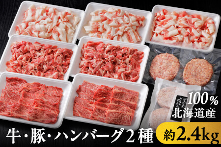 牛・豚・ハンバーグ2種のファミリーセット[約2.4kg] ニークファクトリー 北海道 牛肉 豚肉 冷凍ハンバーグ 切り落とし 道産和牛100%ハンバーグ 焼肉