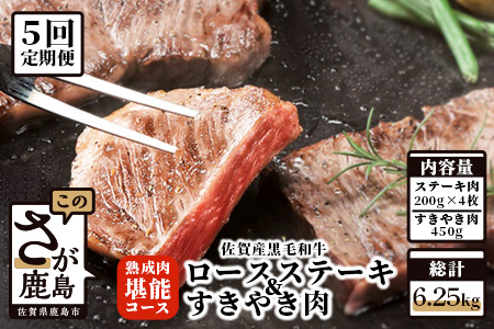 [熟成肉『堪能』コース5回定期便]佐賀県産黒毛和牛 ロースステーキ&すきやき肉