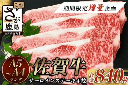 [緊急支援][期間限定増量企画]佐賀牛サーロインステーキ 4枚(合計840g)[黒毛和牛]F-54 肉 牛肉 A4等級以上 佐賀牛