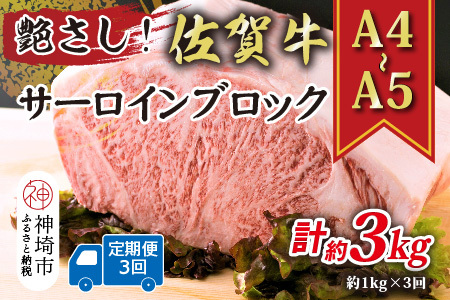 [3か月定期便]艶さし![A4〜A5]佐賀牛サーロインブロック 約1kg×3回[肉 牛肉 ブランド牛 黒毛和牛 ステーキ肉 ふるさと納税](H112268)