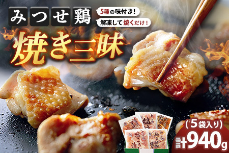 佐賀県産みつせ鶏 焼き三昧(5種)【焼き鳥 酒の肴 居酒屋 おつまみ 飲み会 塩焼 柚子胡椒焼き 黒胡椒焼き 七味焼き 塩こうじ漬け 低脂質 ヘルシー 旨味成分 柔らか 歯ごたえ】K059031