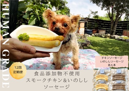 FB022_犬の無添加おかず☆燻製の香りがたまらないスモークチキン＆いのししソーセージ【12回定期便】