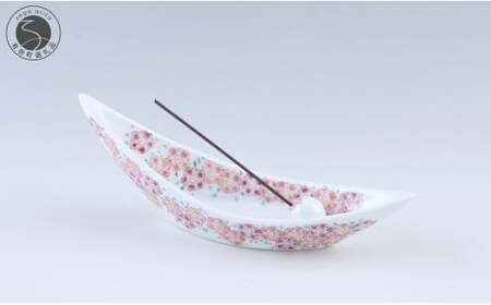 有田焼 舟形お香立[花集文][赤絵白磁硯処 雪月花]手描き 伝統工芸 お香立て 花柄 赤絵 40000円 4万円
