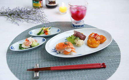 しん窯青花の可愛い24cm楕円プレート(1枚)楕円小皿(2枚)ダブルオールグラス(1個)の4点セット 小島芳栄堂 A55-71