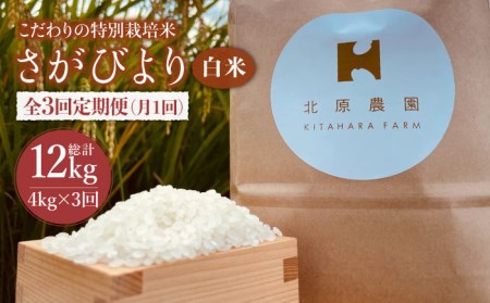 [全3回定期便]特別栽培米 白米 さがびより 4kg[北原農園][HCA010]特A米 特A評価