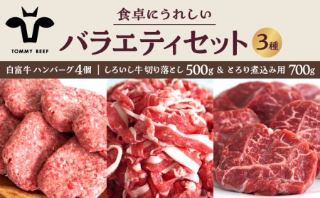 【牧場直送】食卓にうれしいバラエティ セット（手ごねハンバーグ 4個＆切り落とし 500g＆とろり煮込み用 700g）【有限会社佐賀セントラル牧場[IAH193]