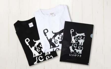 PEACEな ねこTシャツ(黒色・白色)各1枚・PEACEな ねこクリアホルダー(黒色)セット / 計3点 シャツ 服 衣類 クリアホルダー 長崎県 長崎市