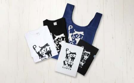 PEACEな ねこTシャツ(黒色・白色)各1枚・PEACEな ねこクリアホルダー(黒色・白色)各1枚・エコバッグ(青色)セット / 計5点 Tシャツ クリアホルダー 長崎県 長崎市