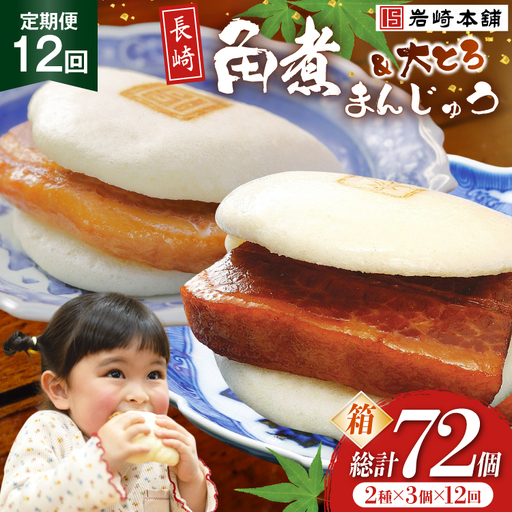 BJ066 岩崎本舗 【12回定期便】長崎自慢セット(長崎角煮まんじゅう 3個・大とろ角煮まんじゅう 3個) (箱) [長崎県 島原市]