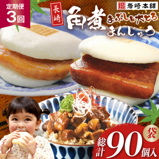 BJ110 岩崎本舗 【3回定期便】長崎角煮まんじゅう 10個入 (袋)・大とろ角煮まんじゅう 10個入 (袋)・角煮まぶし 10袋 [長崎県 島原市]