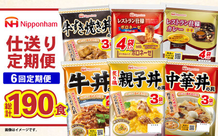 【6回定期便】仕送り定期便（ボリュームコース） 6種 190食分 / 小分け レトルト カレー レトルトカレー どんぶり 丼 パスタ パスタソース 簡単 温める　レンジ レンチン 仕送り 大学生 一人暮らし 単身赴任 防災 保存食 長期保存 常温 / 諫早市 / 日本ハム[AHAL028]