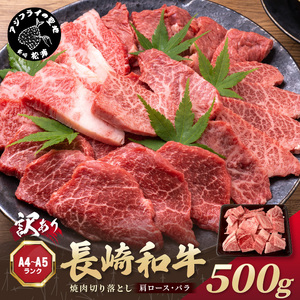 訳あり![A4〜A5]長崎和牛焼肉切り落とし(肩ロース・バラ)500g( 牛肉 おすすめ 長崎和牛 バーベキュー 焼肉 切り落とし 冷凍 国産 送料無料 )