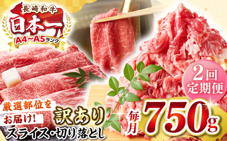 [全2回定期便][訳あり][A4?A5ランク] 長崎和牛 しゃぶしゃぶ・すき焼きセット 750g[壱岐市][株式会社MEAT PLUS] 肉 牛肉 黒毛和牛 鍋 冷凍配送 訳あり 切り落とし しゃぶしゃぶ用 すき焼用 A4 A5[JGH103] 九州