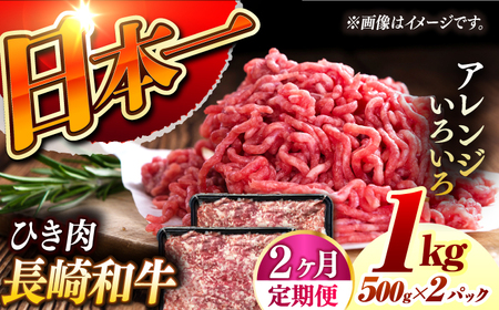 [2回定期便] 長崎和牛 黒毛和牛100%ひき肉 毎月500g×2 (A4またはA5ランク) 長与町/炭火焼肉あおい