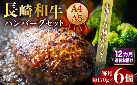 [12回定期便]A4-A5 長崎和牛 ハンバーグセット 約170g×6個 /meat shop FUKU[ECS008]国産 牛肉100% ハンバーグ はんばーぐ A5 冷凍 調理済み 味付き 和牛 冷凍 定期便 定期 ていきびん