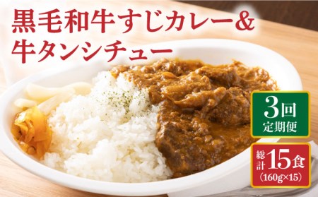 【全3回定期便】 黒毛和牛 牛すじカレー ＆ 牛タンシチュー 毎月5食  長与町/炭火焼肉あおい  [EBW003]  黒毛和牛 カレー かれー レトルト 牛タン 牛たん シチュー しちゅー 簡単 常温 定期便 定期 ていきびん