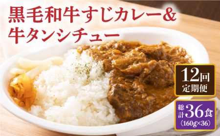 【全12回定期便】 黒毛和牛 牛すじカレー ＆ 牛タンシチュー 毎月3食 長与町/炭火焼肉あおい   [EBW009]  黒毛和牛 カレー かれー レトルト 牛タン 牛たん シチュー しちゅー 簡単 常温 定期便 定期 ていきびん