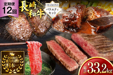 牛肉 和牛 定期便 長崎和牛 バラエティセット「ダイヤモンド」 12回 総計33.2kg [黒牛 長崎県 東彼杵町 hs42bag750085] 牛肉 ローストビーフ ステーキ しゃぶしゃぶ モモ もも ヒレ ヒレ肉 ざぶとん ハンバーグ