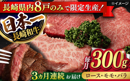 [3回定期便][限定生産]ステーキ 3種盛り 長崎和牛 出島ばらいろ(300g/回)[肉のマルシン] [FG17] ステーキ ロース カルビ モモ 肉 牛肉 ロース カルビ モモ 赤身 焼肉 定期便 