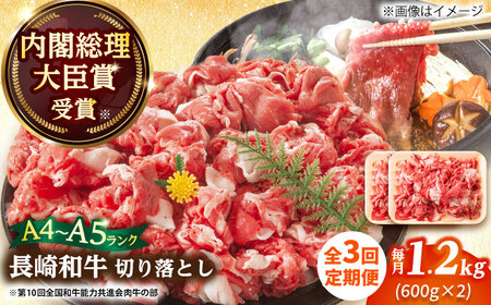 【3回定期便】 A4-A5 長崎和牛 切り落とし 1.2kg (600g×2） [DBS058]