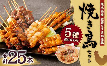 熊本産 肥後のうまか赤鶏 焼き鳥セット 5種 盛り合わせ (計25本)