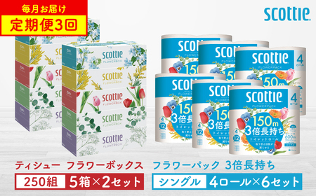 [定期便3回][毎月1回お届け][スコッティ]ティシュー フラワーボックス 250組(5箱パック×2セット)+フラワーパック 3倍長持ち(4ロール(シングル)パックx6セット)ティッシュ トイレットペーパー 日用品