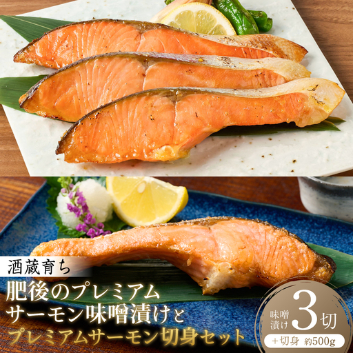 酒蔵育ち 肥後のプレミアムサーモン 味噌漬け 3切×1パック と プレミアムサーモン切身 約500g セット サーモントラウト 銀鮭 味噌漬け 赤酒 切身 切り身 和食 魚 おかず 熊本県 八代市
