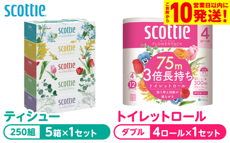 [スコッティ] 組み合わせ ティシュー フラワーボックス 250組 5箱 トイレットロール ダブル フラワーパック 3倍長持ち 4ロール ティッシュ トイレットペーパー 日用品 防災備蓄 ストック 備蓄 新生活 防災 消耗品 生活用品 日用消耗品 箱ティッシュ 熊本県 八代市