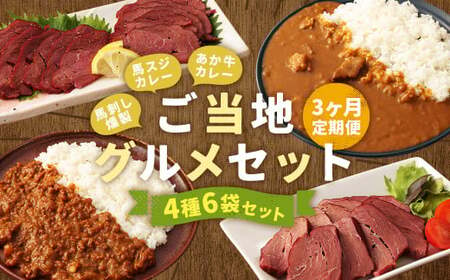 [3ヶ月定期便]ご当地グルメ! 馬刺し燻製2種と馬スジ・あか牛カレーのセット 4種 全6袋セット カレー ご当地カレー