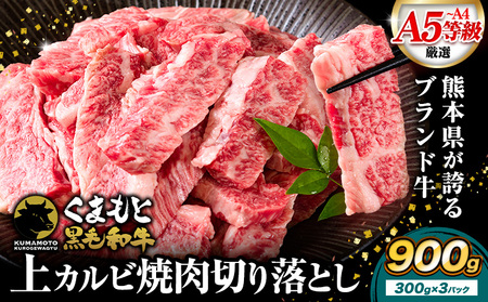牛肉くまもと黒毛和牛 上 カルビ 焼肉 切り落とし 900g 《30日以内に出荷予定(土日祝除く)》熊本県 荒尾市 上カルビ 焼肉用 黒毛和牛 焼肉 肉 お肉 和牛 A5 A4 300g 小分け