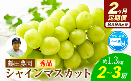 【2ヶ月定期便】【秀品】先行予約 シャインマスカット 約1.3kg (2-3房)/月×2回 フルーツ 果物 送料無料 葡萄 ぶどう マスカット 鶴田農園 熊本県荒尾市産《8月下旬-9月下旬頃出荷》 美味しいシャインマスカット 旬のシャインマスカット ジューシーシャインマスカット フルーツシャインマスカット