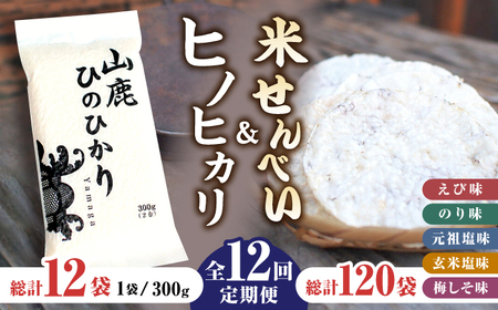 【12回定期便】【こだわり抜いた厳選素材】米せんべい（えび味、のり味、元祖塩味、玄米塩味、梅しそ味） & ヒノヒカリ のセット 【せんべい工房】[ZBQ005]