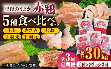 [3回定期便]肥後のうまか 赤鶏 5種食べ比べセット(モモ ささみ ムネ 手羽先 手羽元)各2kg[山内飼料 株式会社 熊本営業所] 九州産 肥後のうまか赤鶏 チキン 