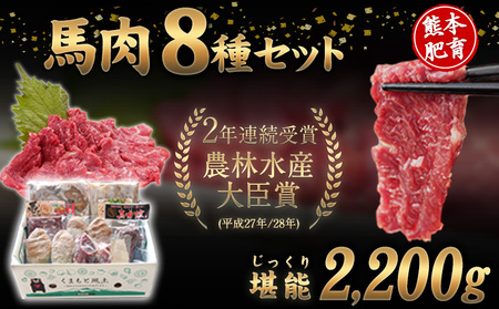 純国産馬肉8種セット 計2200g [60日以内に出荷予定(土日祝除く)] 熊本肥育 2年連続農林水産大臣賞受賞 送料無料 馬刺し 馬肉 馬スジ ホルモン 燻製 霜降り ハンバーグ 熊本県 菊池市