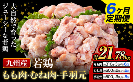 【6ヶ月定期便】 九州産 若鶏もも肉(310g×3袋) ムネ肉(600g×2袋) 手羽元 セット(500g×3袋) 計3.63kg 鶏肉 肉 鶏 手羽 手羽元 唐揚げ 詰め合わせ セット 冷凍 九州 国産 熊本県 菊池市 送料無料《お申込み翌月から出荷》