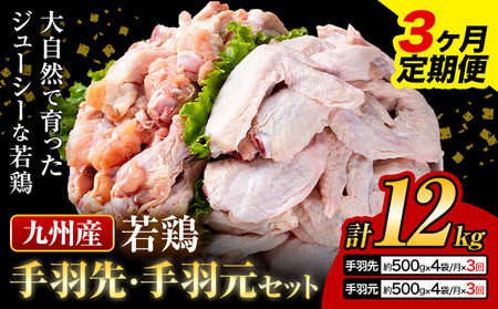 [3ヶ月定期便] 九州産 手羽先(500g×4袋)・手羽元(500g×4袋)セット 計4kg 鶏肉 肉 鶏 手羽 唐揚げ 詰め合わせ セット 冷凍 九州 国産 熊本県 菊池市 送料無料[お申込み翌月から出荷]