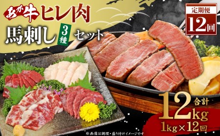 [12ヶ月定期便] あか牛 ヒレ肉 800g(6枚前後) 馬刺し 200g ( 赤身 100g 霜降り 50g たてがみ 50g)セット[合計12kg]