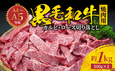 S001-024A_黒毛和牛 焼肉 カルビ ロース 切り落とし 1kg 焼肉のたれ 1本付 / 黒毛和牛 焼肉 カルビ ロース 切り落とし